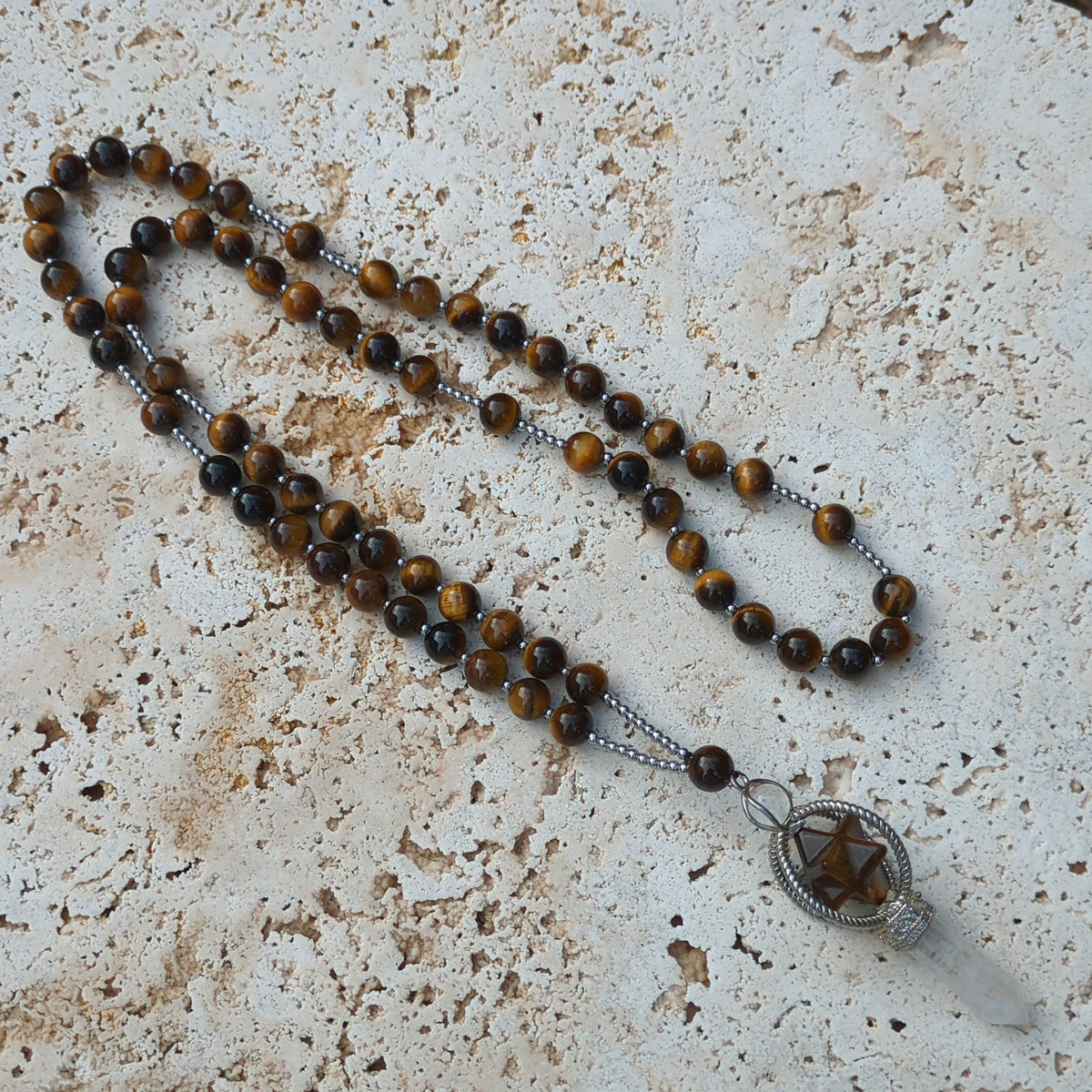Tiger's Eye Necklace 75cm with Pendant - Merkaba Star and Clear Quartz Point