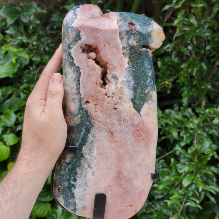 Pink Amethyst Slice with druzy cave and metal stand (Large - 40.6cm) - 4.495kg