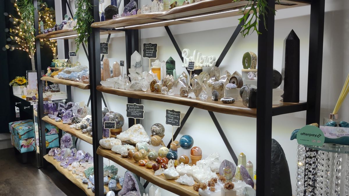 Green Door Living Shop display of our unique crystals