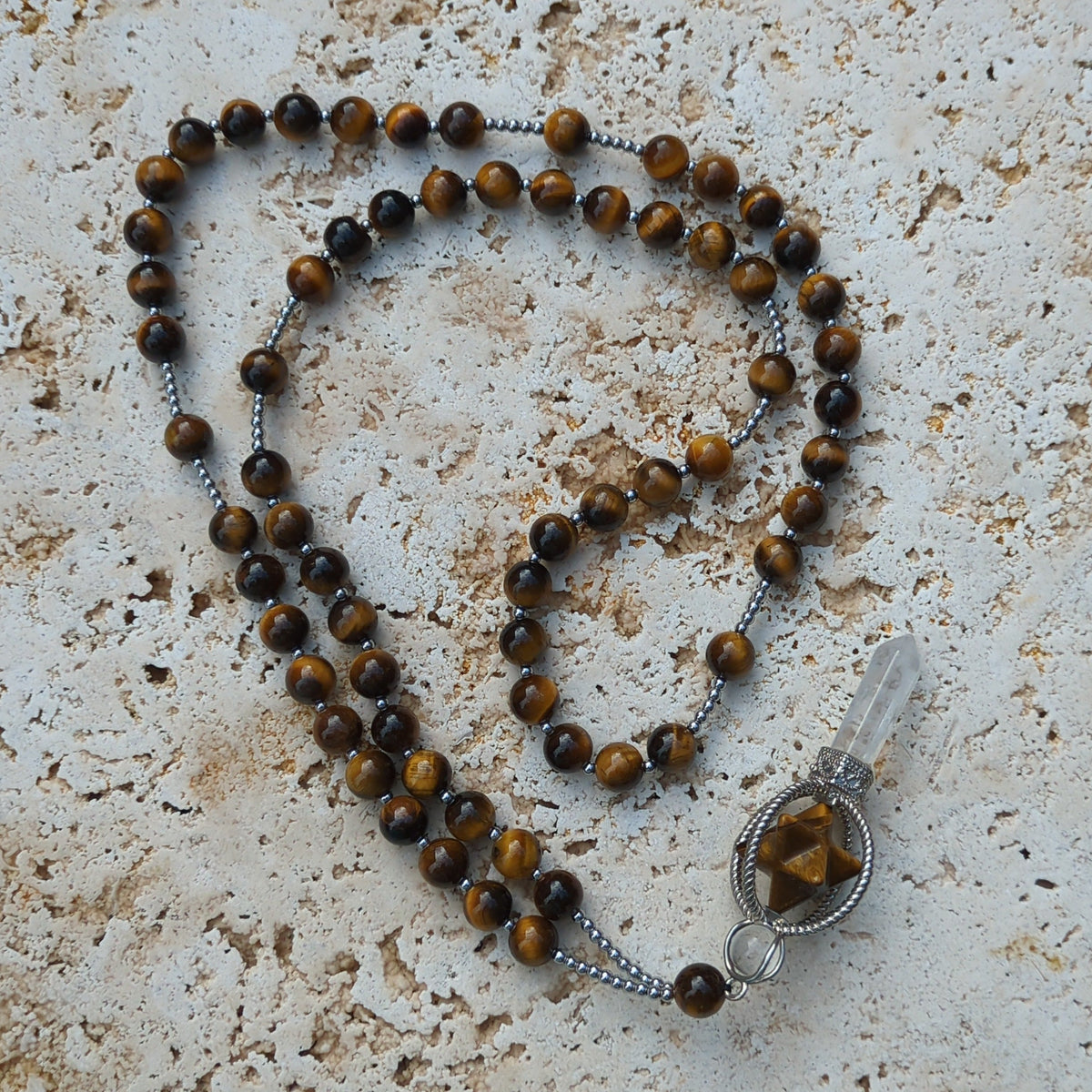 Tiger's Eye Necklace 75cm with Pendant - Merkaba Star and Clear Quartz Point