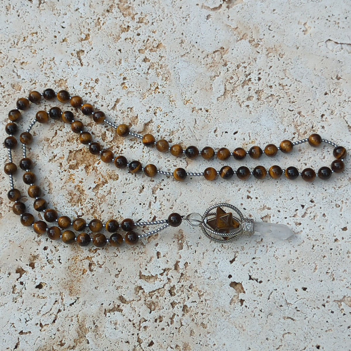 Tiger's Eye Necklace 75cm with Pendant - Merkaba Star and Clear Quartz Point