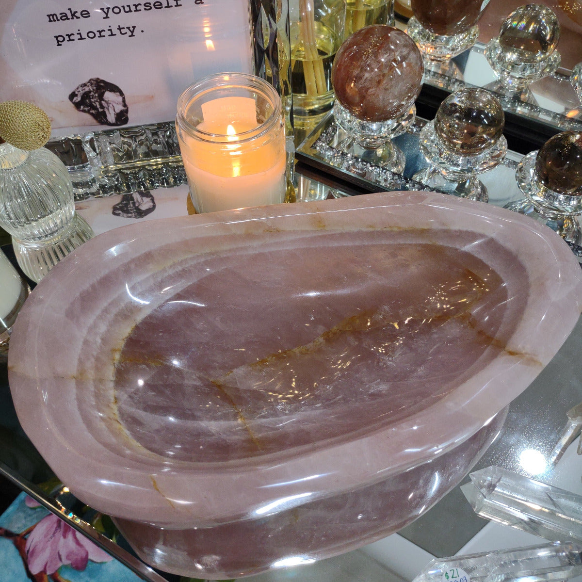 Rose Quartz Bowl (Large - 31cm) with hematite/golden healer and colour layers - 4.81kg