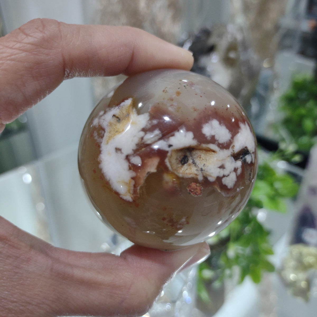 Flower Agate (Cherry Blossom) Sphere with small druzy (5.4cm) - 210g