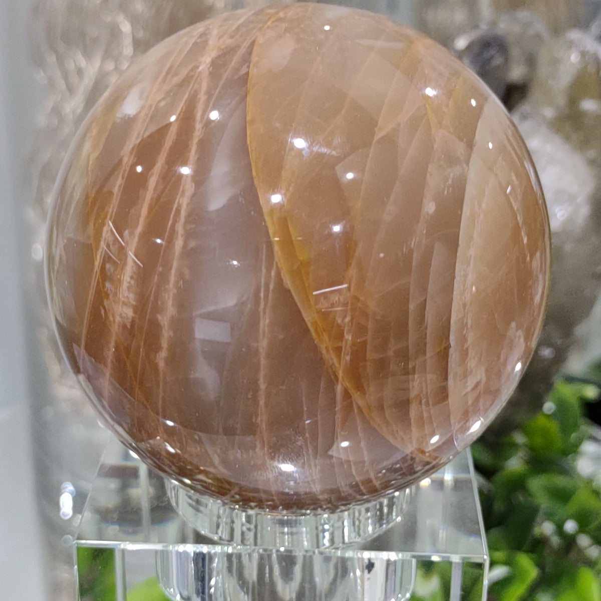 Peach Moonstone Sphere with ball of thread pattern (7.4cm) - 541g