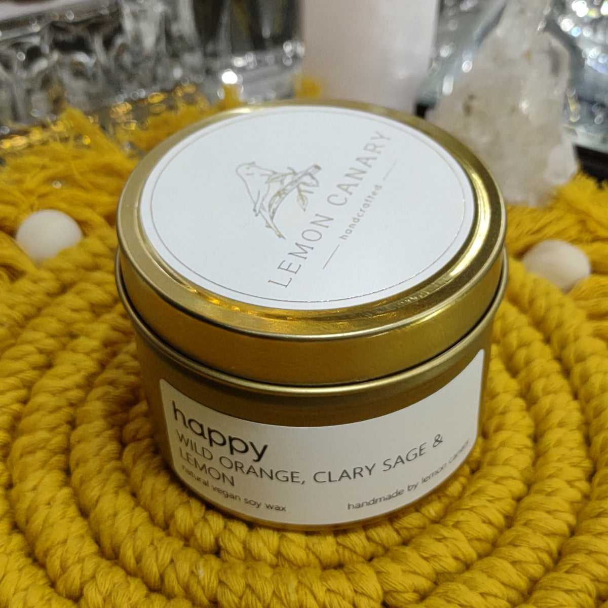 Soy Wax Candle - Travel Tin - 'Happy' - Wild Orange, Clary Sage & Lemon (110ml Soy Wax) - Lemon Canary