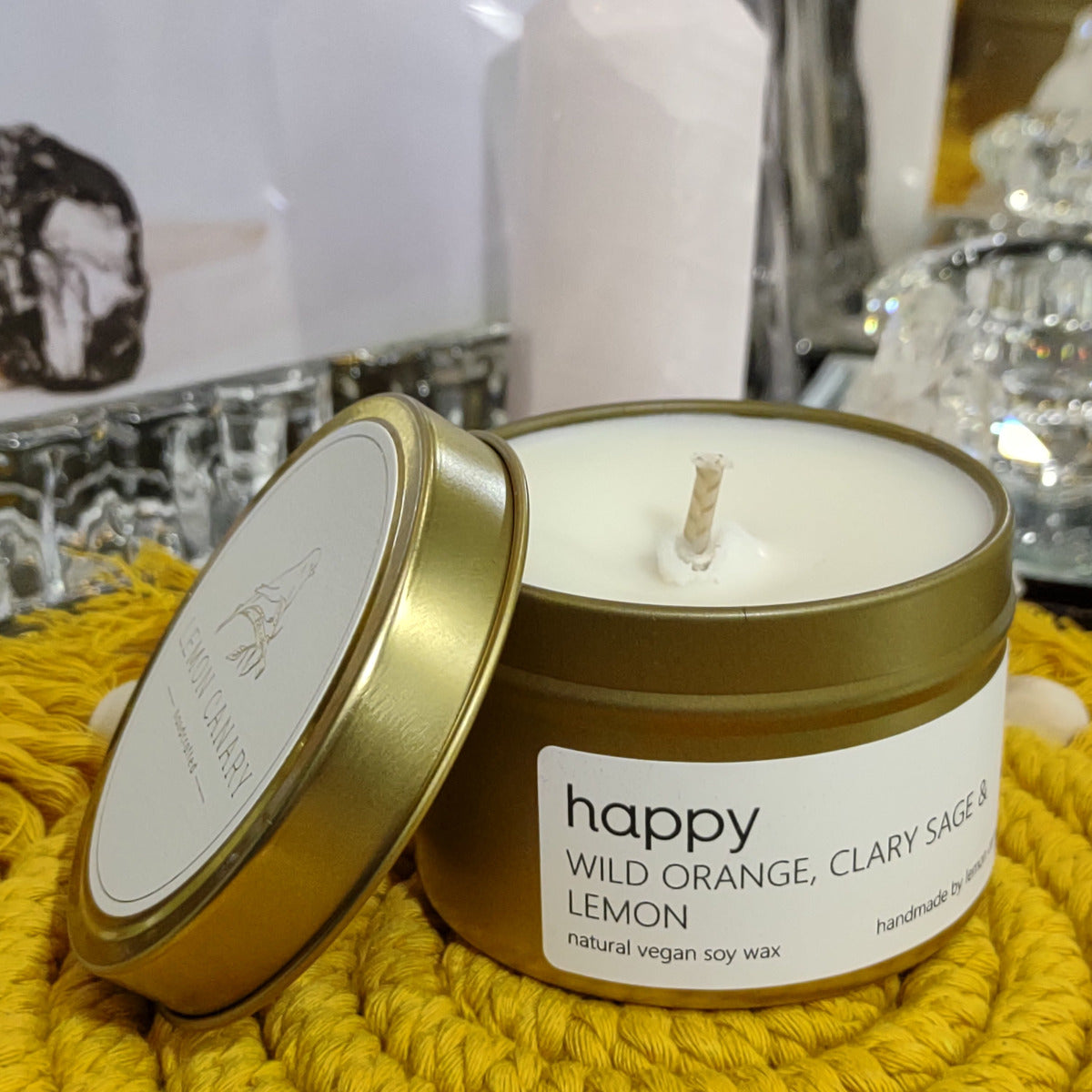 Soy Wax Candle - Travel Tin - 'Happy' - Wild Orange, Clary Sage & Lemon (110ml Soy Wax) - Lemon Canary