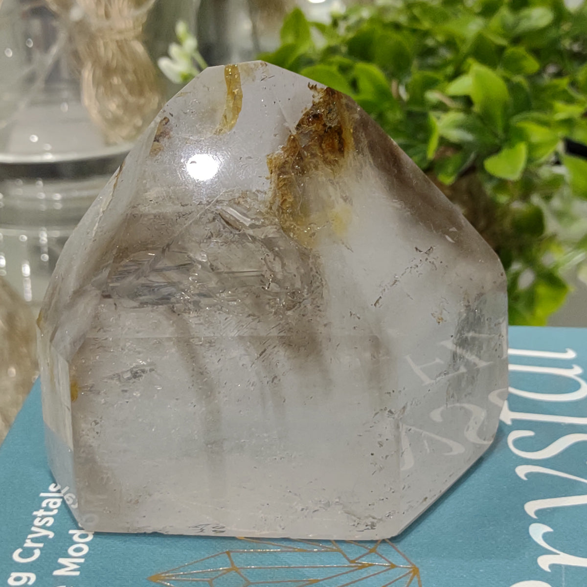 Inclusion Quartz Point with Golden Healer and Smoky inclusions (9.5cm) - 655g