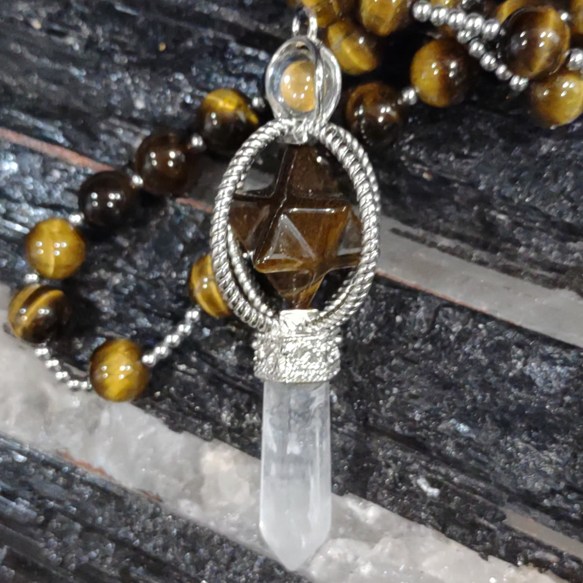 Tiger's Eye Necklace 75cm with Pendant - Merkaba Star and Clear Quartz Point