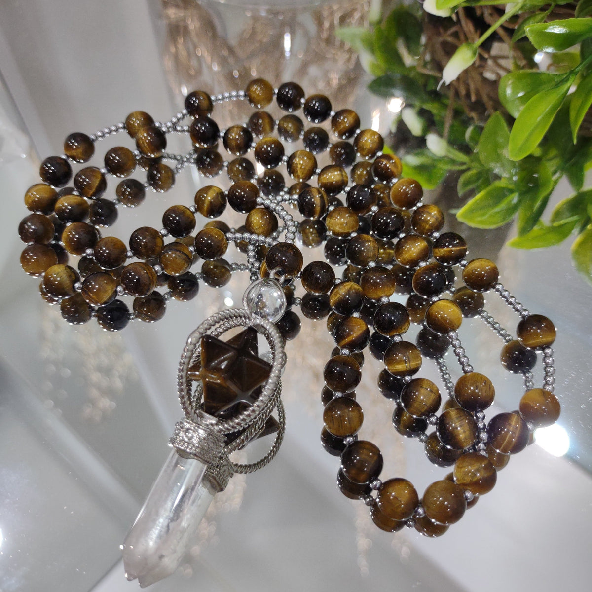 Tiger's Eye Necklace 75cm with Pendant - Merkaba Star and Clear Quartz Point
