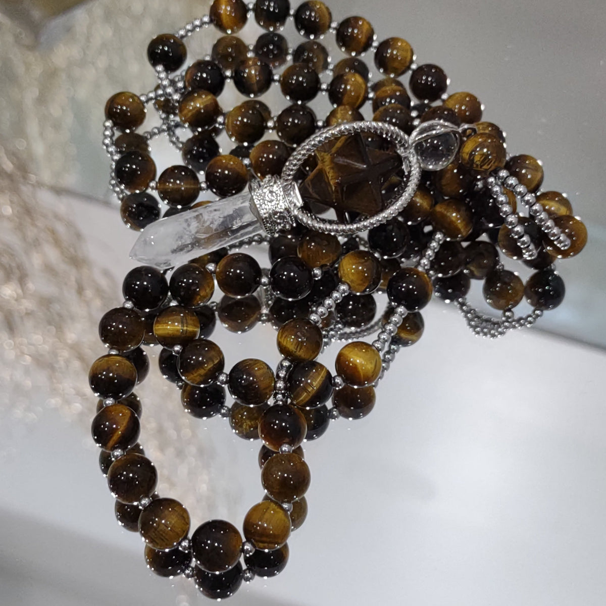 Tiger's Eye Necklace 75cm with Pendant - Merkaba Star and Clear Quartz Point